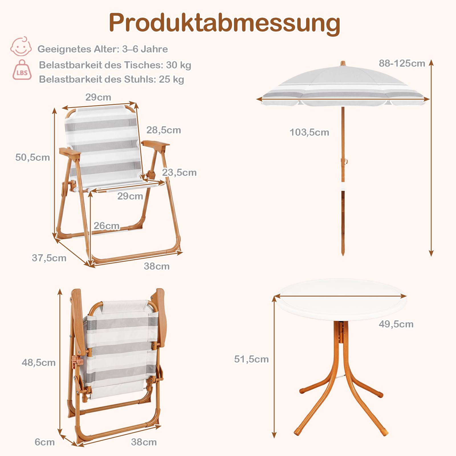 COSTWAY Kindersitzgruppe mit höhenverstellbarem Sonnenschirm, 4 TLG. Kindersitzgarnitur mit Tisch & 2 Klappstühlen, Kinder Picknicktisch Outdoor, Kinder Gartenmöbel für Terrasse, Strand (Natur)