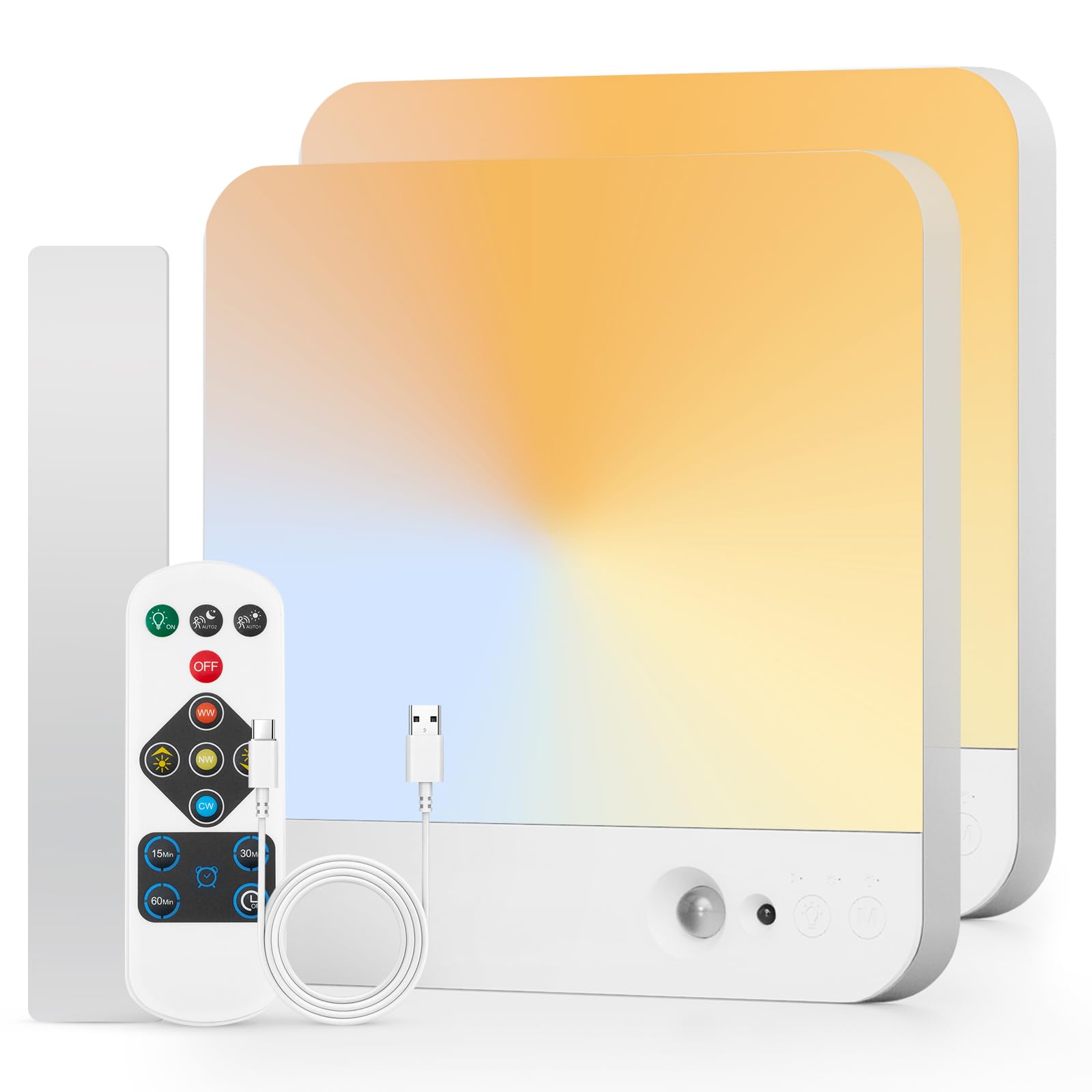 Combuh Led Plafon Baño Techo Bateria Sin Cables, Lampara Garaje Recargable con Sensor de Movimiento, Luz con mando sin taladro para Ducha, Terraza, Dormitorio, Cuadrado 2 Unidad