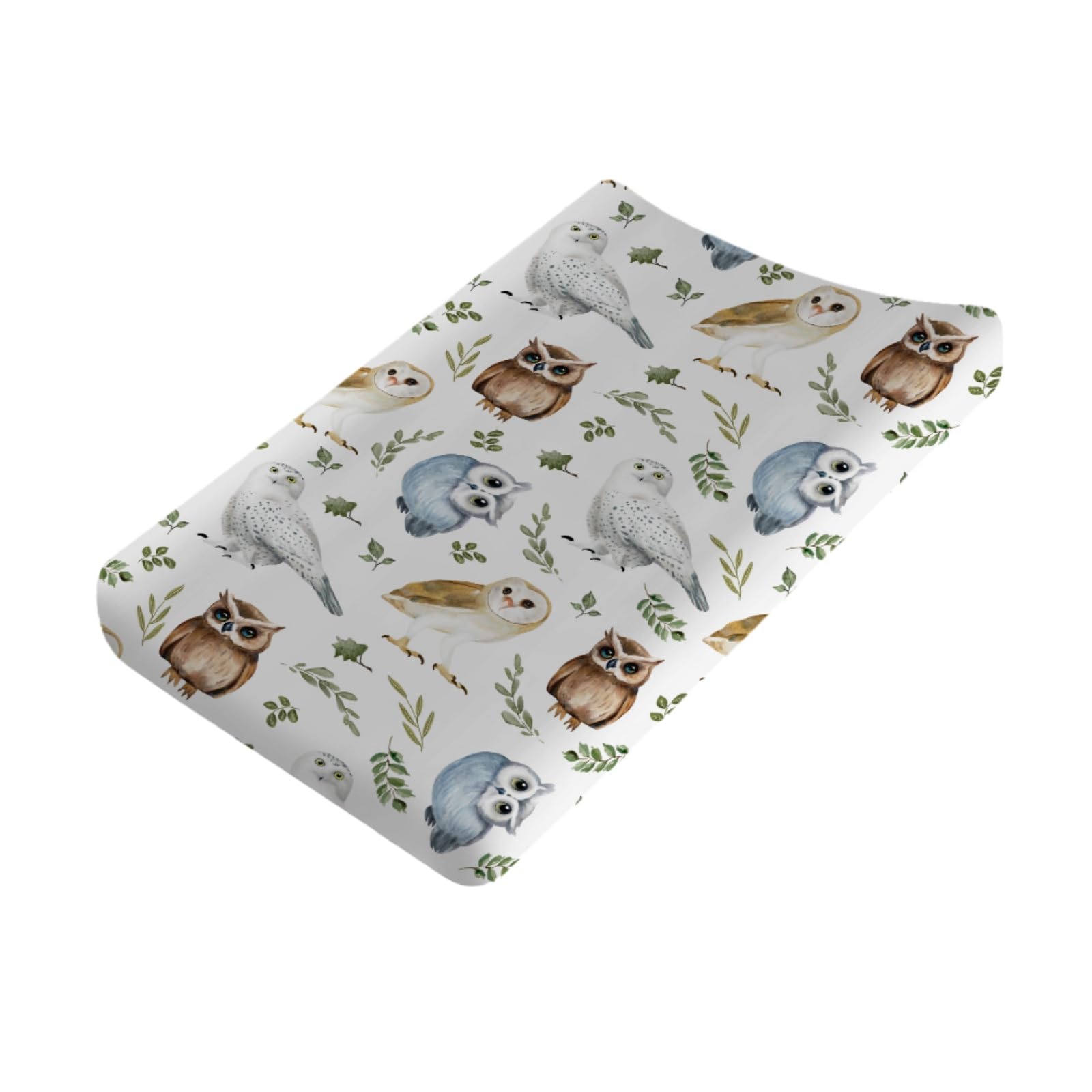 Watercolor Owls Green Leaves Baby Changing Pad Cover for Boy Girl 32''x16'' Baby Owl Birds Boho Leaves Unisex Fitted Changing Table Sheets Comfort Soft Breathable Nursery Changing Table Mats