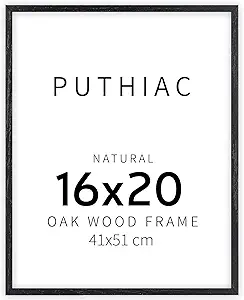 puthiac 16x20 Black Picture Frames for Wall - Minimalist 16x20 Oak Wood Frames, 16"x20" Picture Frame Wood, Natural Solid Wooden Picture Frames for Wall Art Photo and Prints (1 Pack, Black)