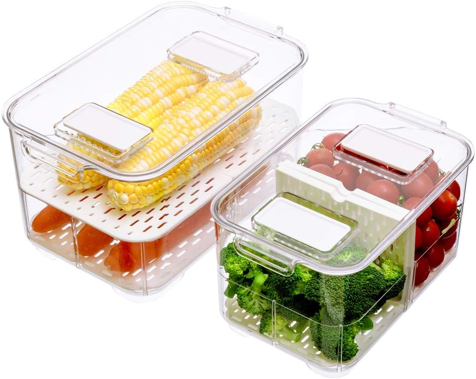 BenzoylProduce Saver Fruit Container, Fridge Food Storage Containers Stackable Refrigerator Organizer Fresh Keeper Foldable lid with Removable Drain Tray for Fruits, Veggie Set of 2