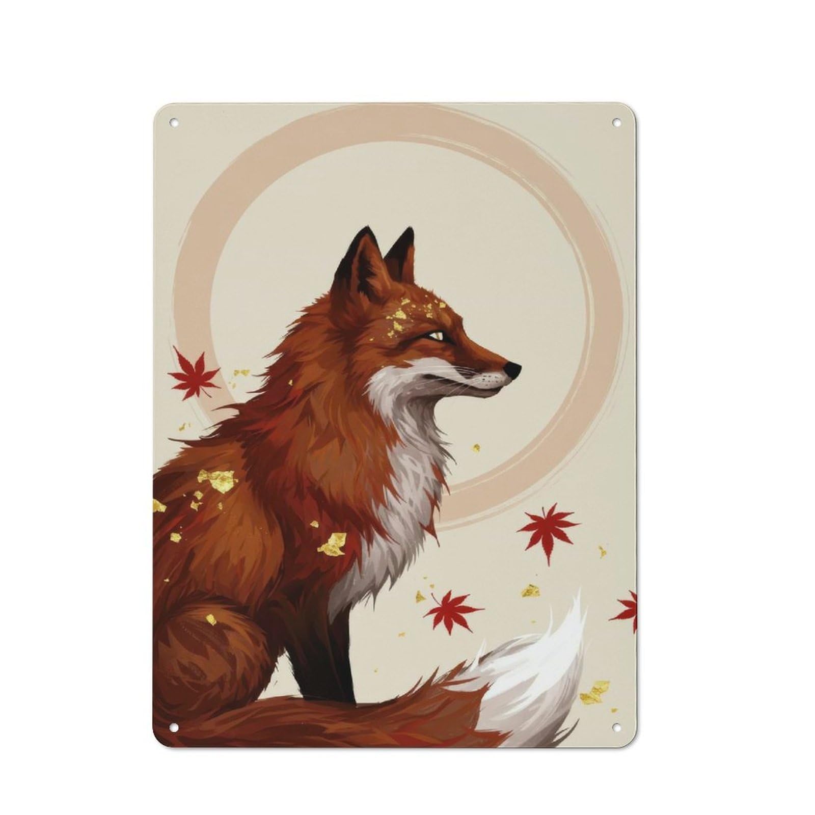 Junmoney Style-9 Fox With Maple Leaves Digital Art Cottage Style Metal Wall Decor 40X30cm, Decorative Tin Sign For Cottage, Kitchen, Hallway Or Breakfast Nook
