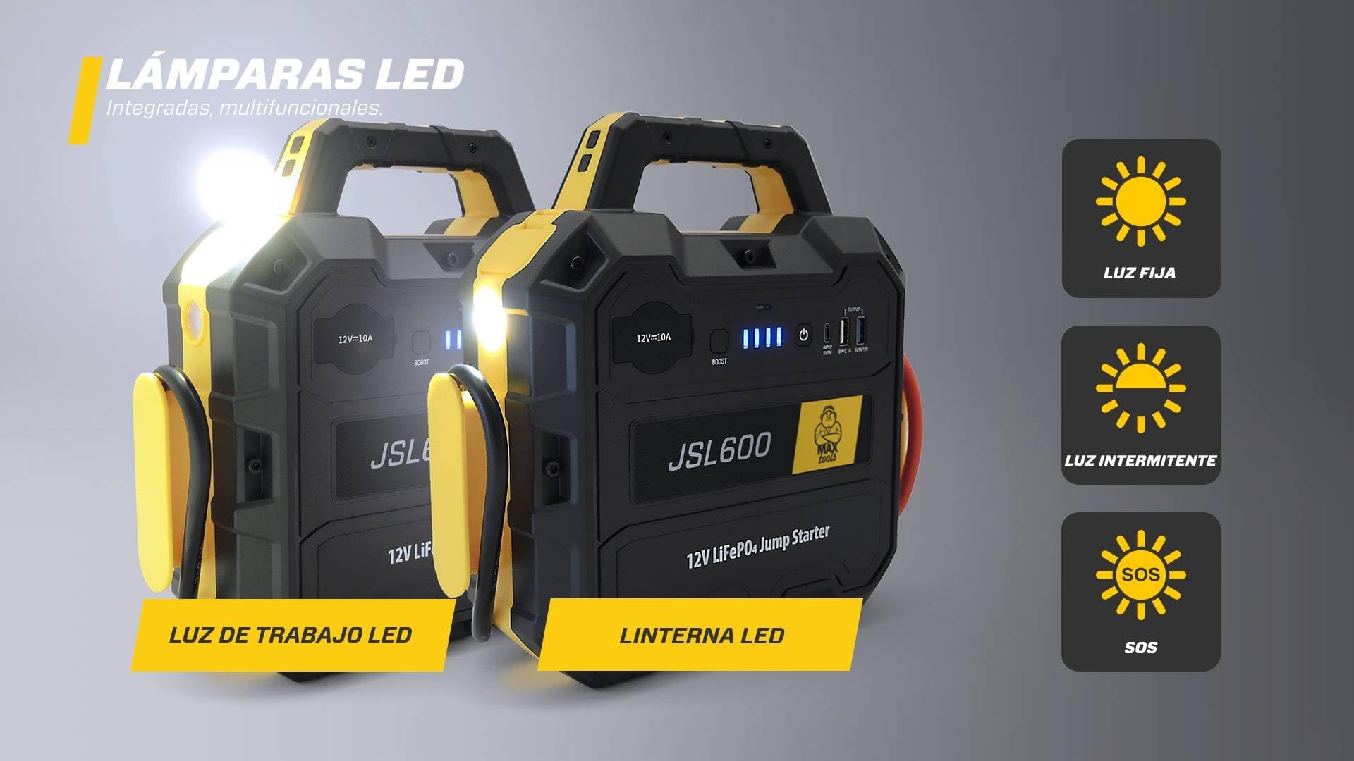 Maxtools, JSL600, Arrancador de Emergencia Profesional 12V 3600A para Coches, todoterrenos, vehículos Todo Terreno, autocaravanas y vehículos comerciales, Pack de batería y Cargador rápido QC3.0