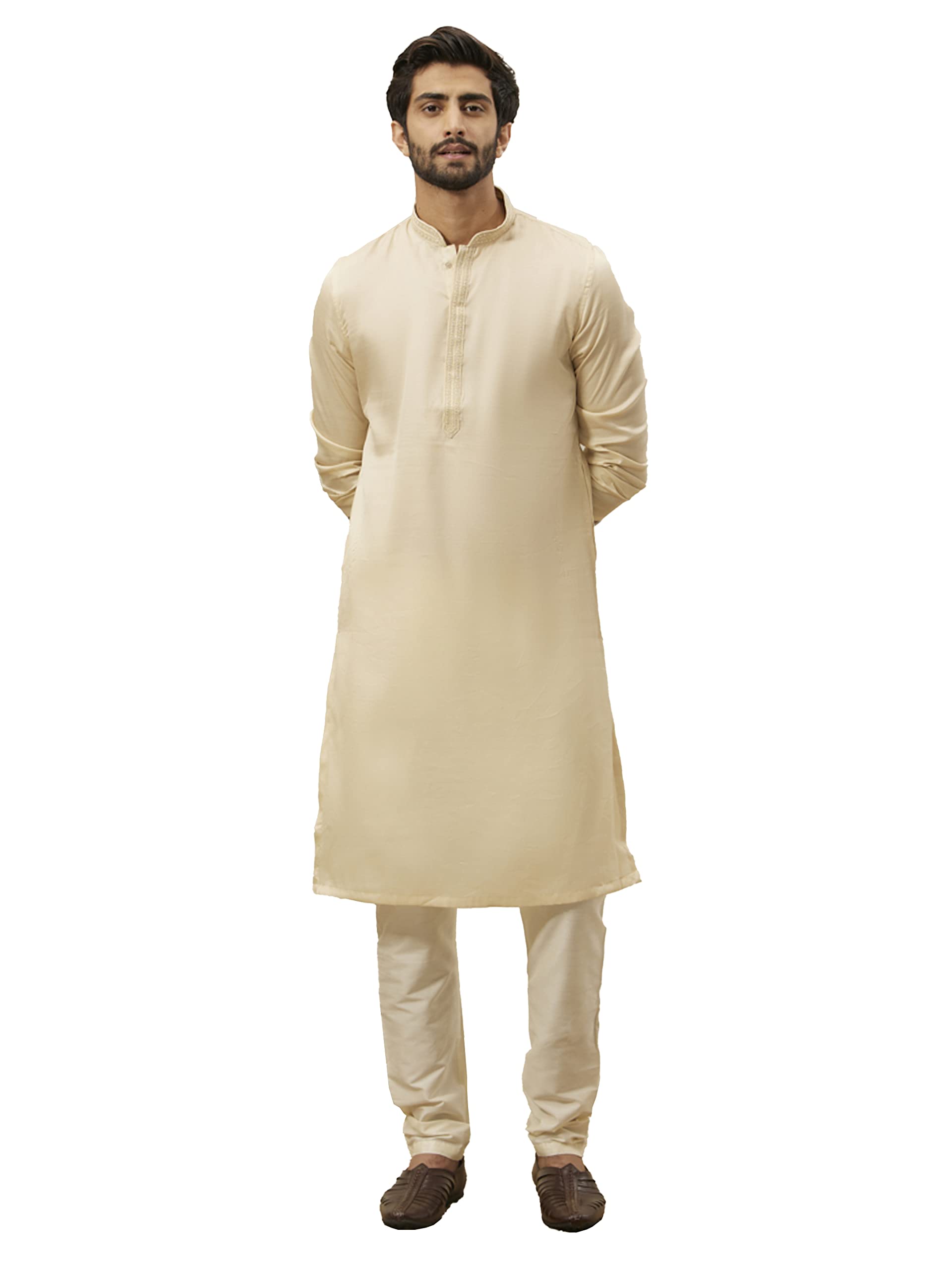 manyavar Kurta Set for Men, Full Sleeves Mandarin Collar Ethnic Kurta Pyjama Set Art Silk Embroidery Set-picture-17