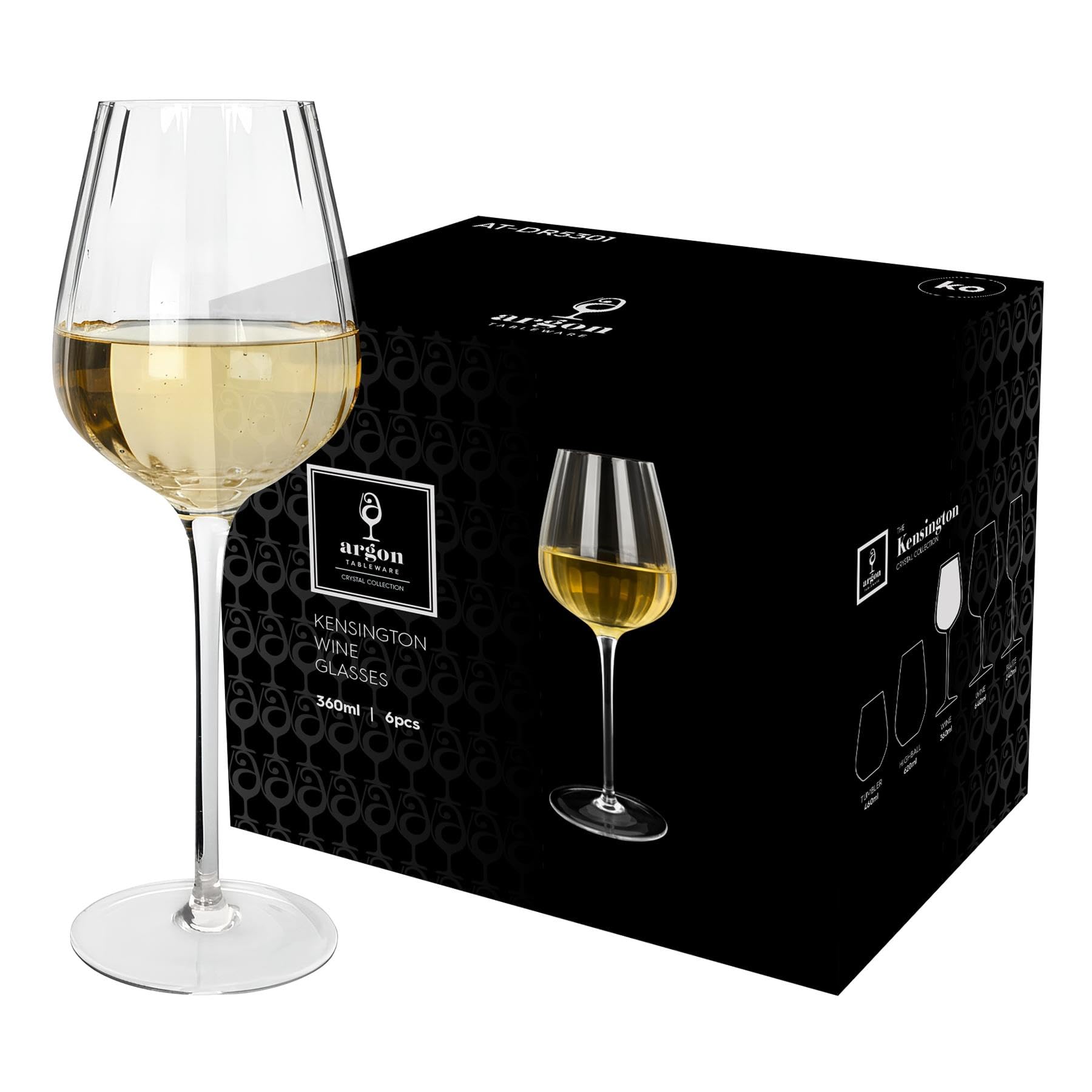 Argon Tableware Kensington Optic Crystal White Wine Glasses 360ml - Pack of 24, Lead-Free Crystal Art Deco Wine Glass Set, Tulip Bowl with Optic Design, Durable Pulled Stem, Gift Boxed Glassware