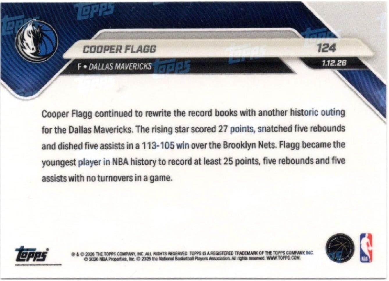 2025 Topps Now Cooper Flagg #124 Gold Foil /50 Dallas Mavericks Rookie RC Basketball Card