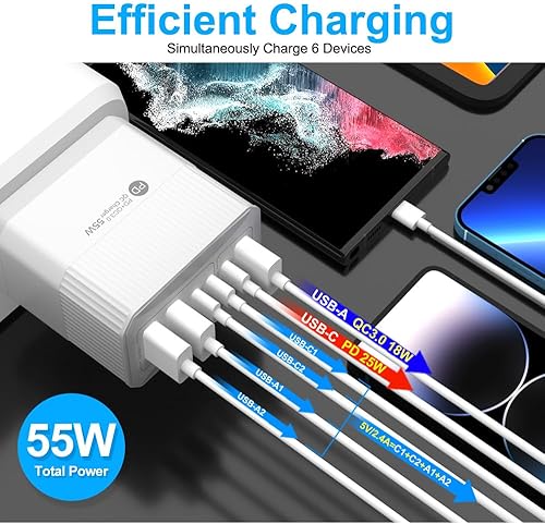 Miniatura 2 de Cargador rápido USB C, 6 puertos USB C cargador de pared bloque de 55 W GaN USB C estación de carga, adaptador de corriente USB C multipuerto