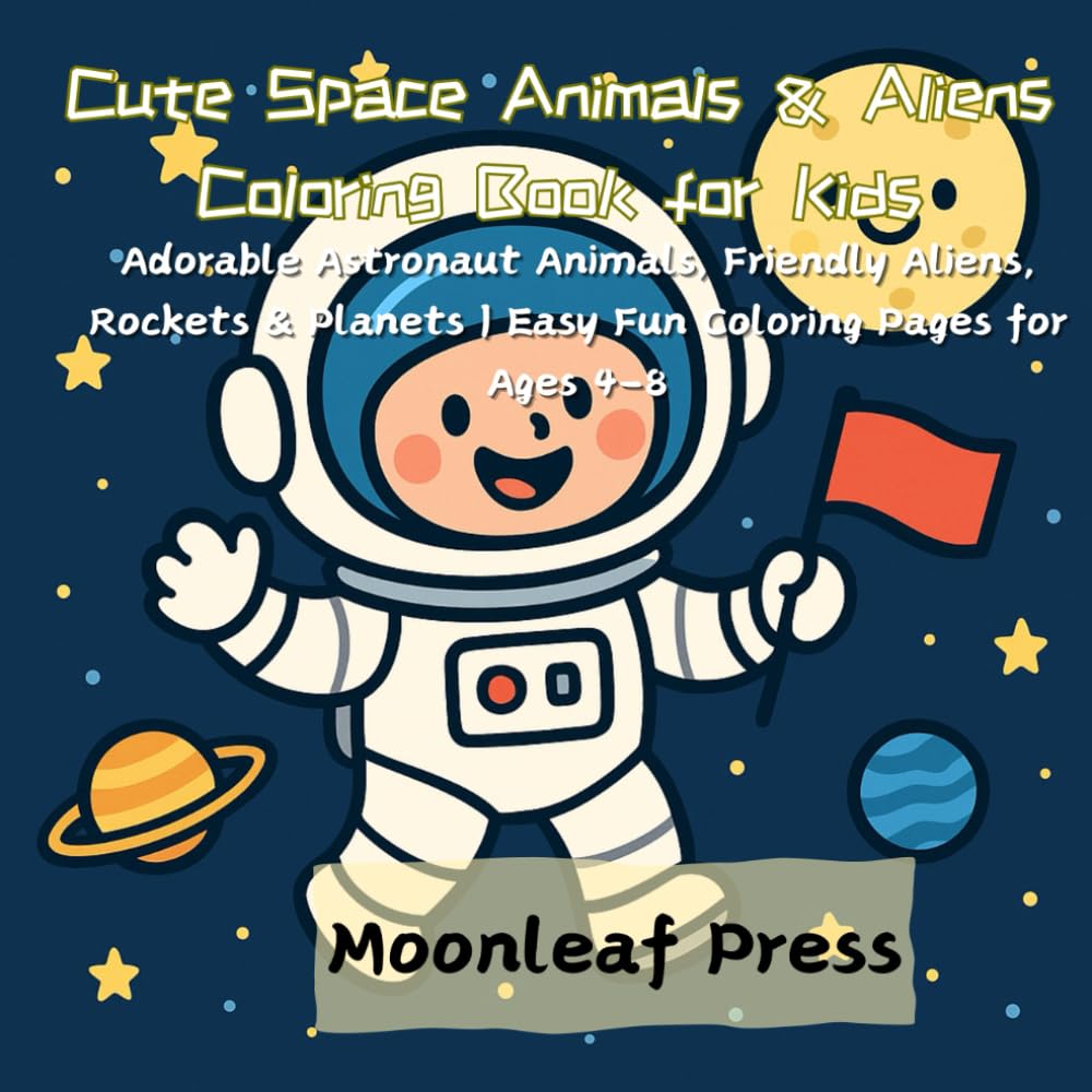 Cute Space Animals & Aliens Coloring Book for Kids: Adorable Astronaut Animals, Friendly Aliens, Rockets & Planets | Easy Fun Coloring Pages for Ages 4–8