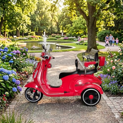 Image of SHAKYA WORLD Vespa Double Seat 12v Battery Operated Rechargeable Ride On Scooter for Girls and Boys || 2 to 6 Years (Red)