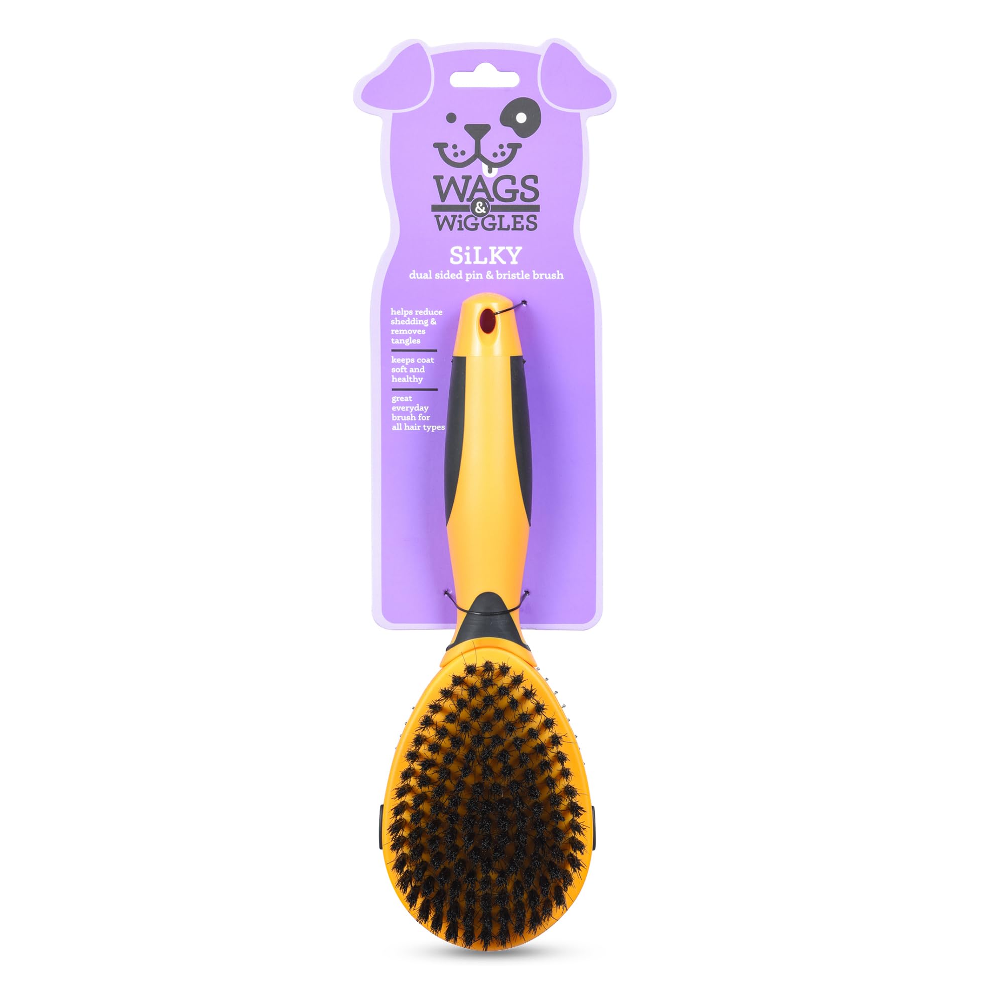 Wags & Wiggles Double Sided Dog Brush - Efficient Pet Grooming for Long or Short Haired Dogs & Cats, Shedding Brush, Detangling Pin & Bristle Dog Hair Remover