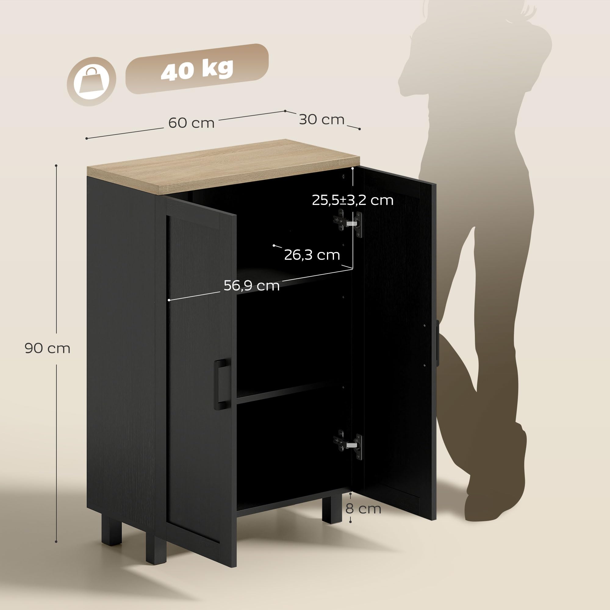 HOMCOM Aparador de 2 Puertas, Aparador de Salón Estrecho, Armario de Cocina con Estante Ajustable, para Cocina, Entrada, Dormitorio, 60x30x90 cm, Negro
