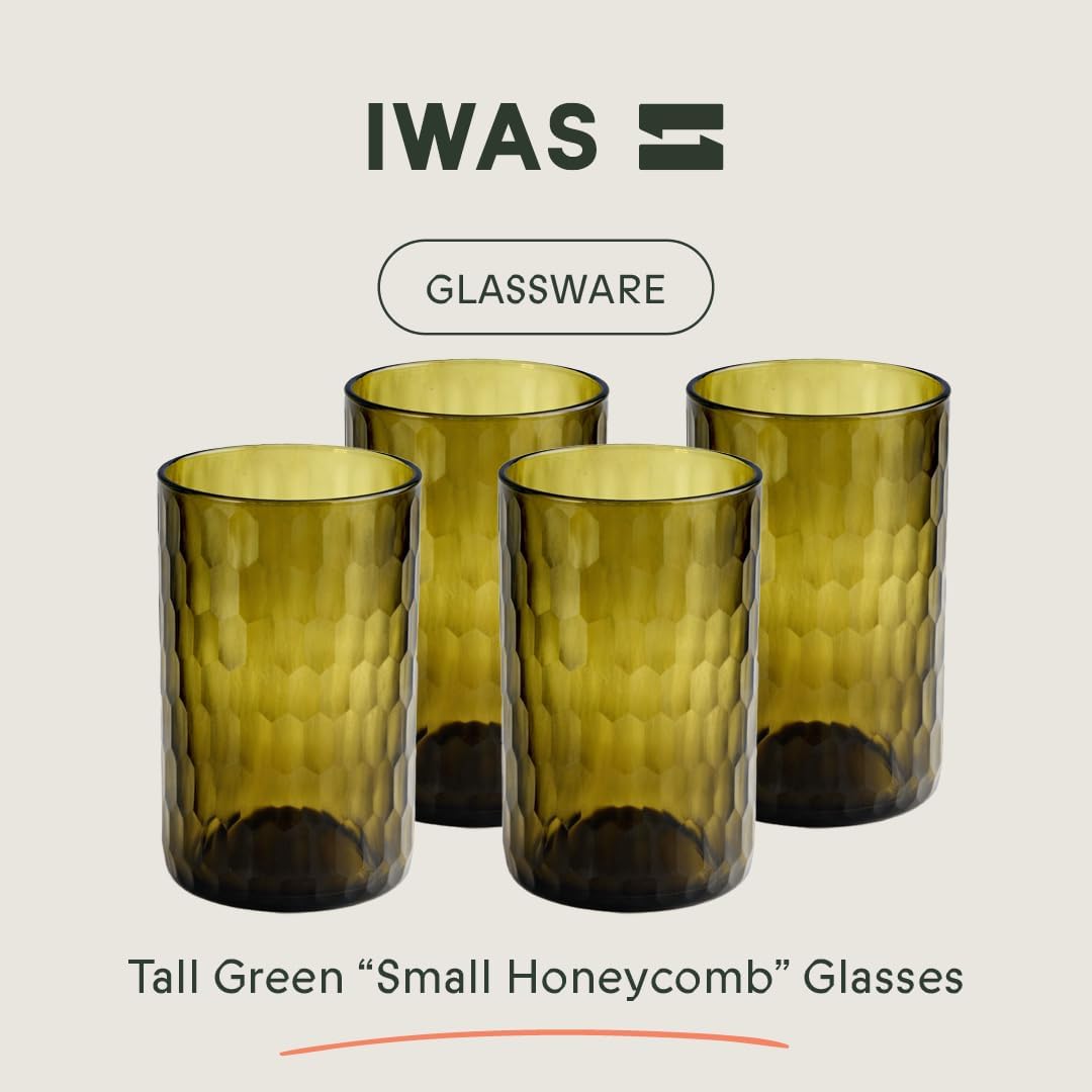 IWAS Upcycled Small Honeycomb Textured Drinking Glasses, Tall, 13.53 OZ / 400 ML, Set of 4 Olive Green Glasses, Handcrafted Sustainable Glassware - Image 5