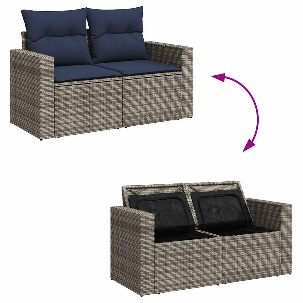 Salon de Jardin 5 pcs avec Coussins Gris Bleu Marine en résine tressée canapé d Angle extérieur avec Rangement pour Patio terrasse Table Basse Convertible et Repose-Pieds imperméable