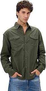 The Souled Store Solids: Olive Green Men and Boys Long Sleeves Collared Neck Button Front Regular Fit Cotton Utility Shirts