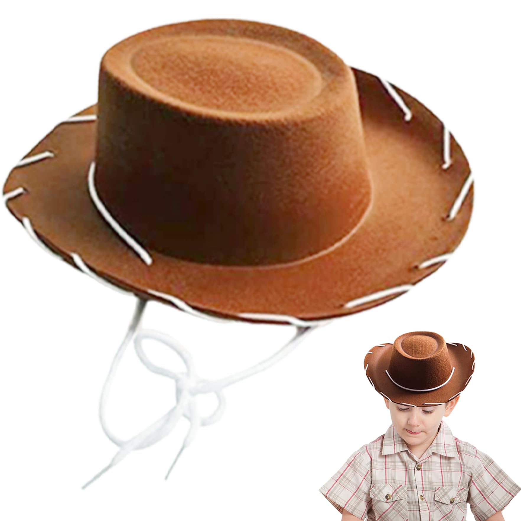 Aetherize Unisex Kids Brown Western Cowboy Hat For Kids, Wide Brim Non-Woven Fabric Cowboy Cowgirl Dress Up Hat With String For Halloween Birthday Western Parties,