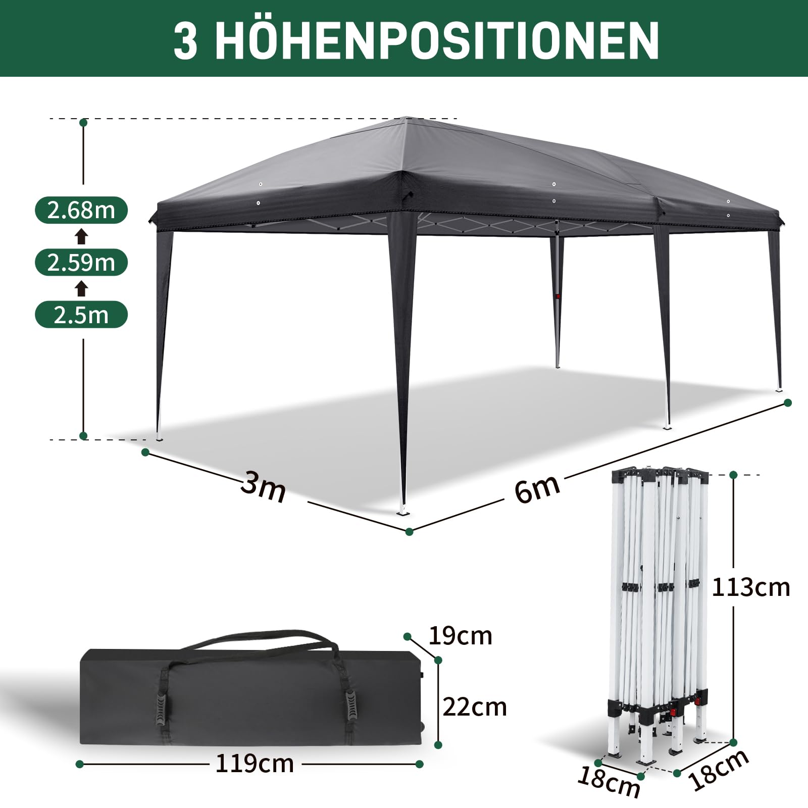 LEADZM Pavillon 3x6 m,Pop-Up Faltpavillon One-Touch, Metallrahmen,Wasserdicht UV-Schutz 50+ Stabil, Höhenverstellbar,Gartenzelt Partyzelt mit 6 Seitenteilen für Camping,Party,Anthrazit