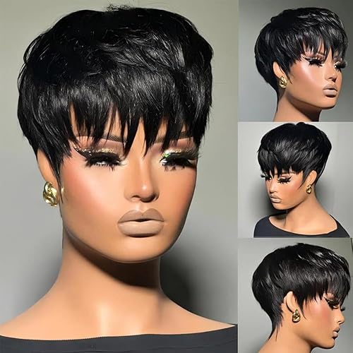Miniatura 2 de Pelucas onduladas para mujeres negras, peluca de cabello humano Bob con flequillo, pelucas de corte Pixie, sin encaje frontal, peluca sin pegamento,