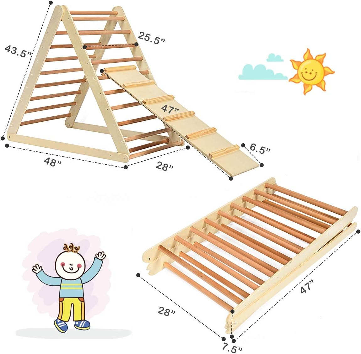 Costzon Foldable Climbing Toys for Toddlers, 3 in 1 Montessori Wooden Triangle Climber for Sliding & Climbing, Kids Indoor Climbers & Gym Play Structures for Boys Girls Gift Present