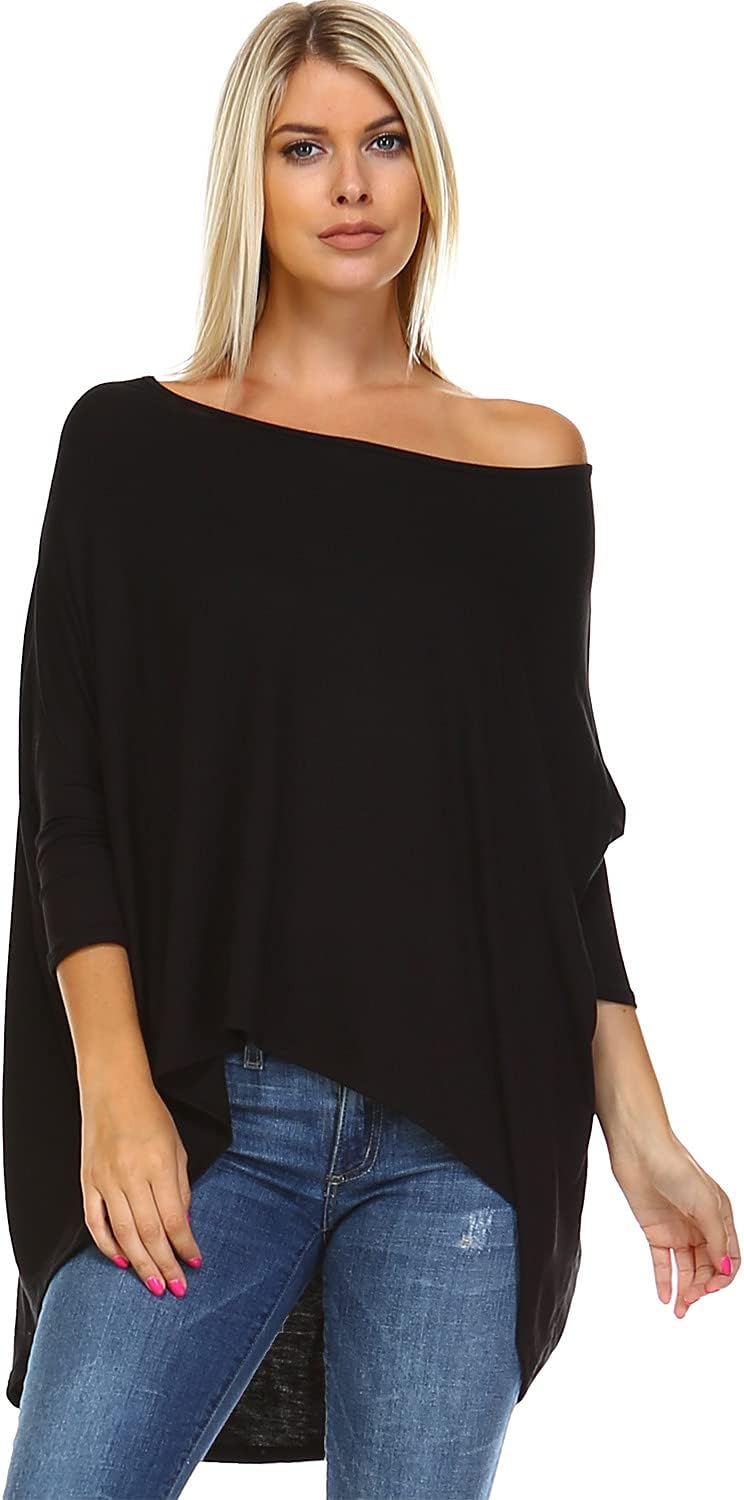 Isaac LievWomen's Tunic Top – Casual 3/4 Batwing Dolman Sleeve Off Shoulder Baggy Loose Fit Flowy T Shirt Blouse