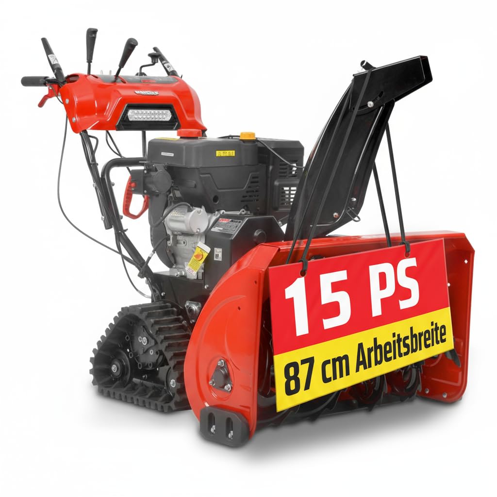 HECHT Benzin Schneefräse 87 cm – 2-stufig mit E-Start | 51 cm Arbeitshöhe, 15 m Auswurfweite, Raupenantrieb, 6 Vorwärts- & 2 Rückwärtsgänge, LED & Griffheizung
