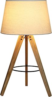 Modern Wooden Table Lamp with Tripod Base and Linen Shade, E26 Bulb Comp...