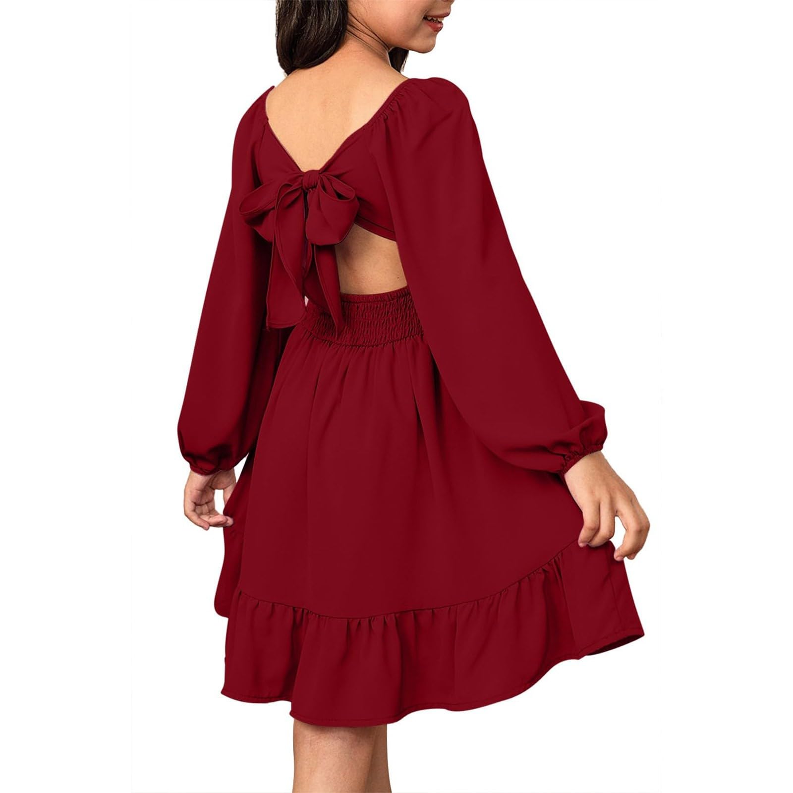 Vestito da ragazza con scollo quadrato a maniche lunghe a trapezio per bambini estivo casual a vita alta plissettato con volant in spiaggia vacanza abito da sposa