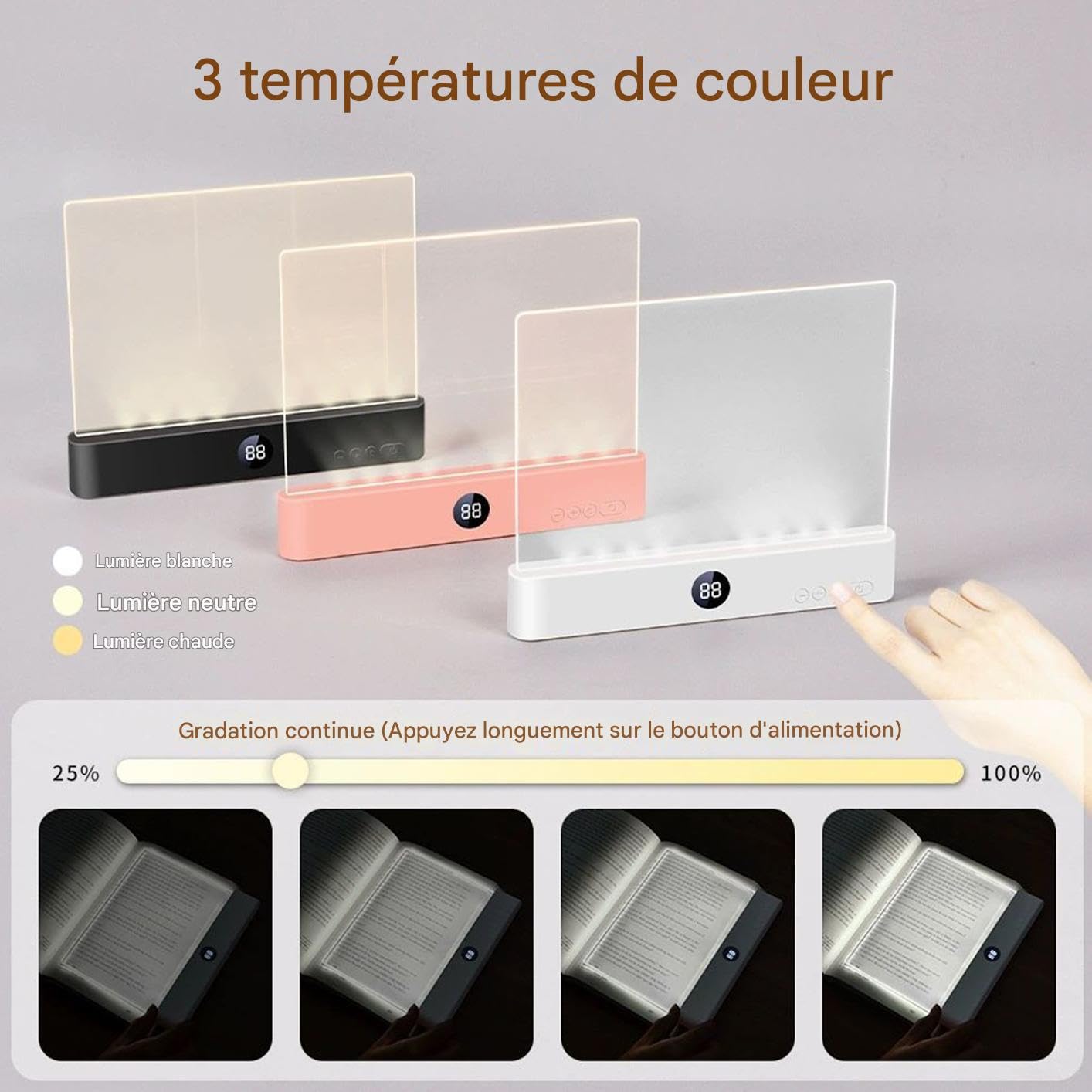 Lampe De Lecture Rechargeable, Lampe De Lecture Portable LED Veilleuse,Lumiere Livre,Veilleuse Wedge Book, Panneau Plat Clair Protecteur Des Yeux - Pour Lecteurs Maison Voyage Dortoir Bureau École
