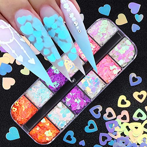 Valentine's Day Nail Art Stickers Love Heart Nail Sequins Laser Colorful Luxury Nail Supplies 3D Nails Glitter Flakes Design Heart Nail Sparkle Glitter Decals for Valentine's Day Decoration 12 Grids
