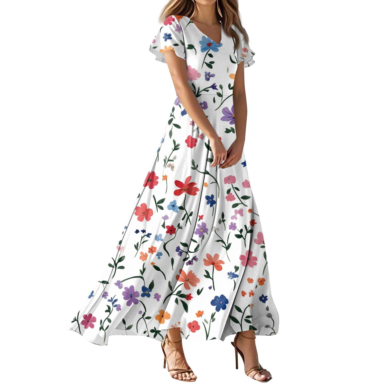 Kenvina Summer Dresses for Women Floral Short Sleeve Dress V Neck Casual Beach Vacation Dress Flowy Swing Loose Maxi Dress