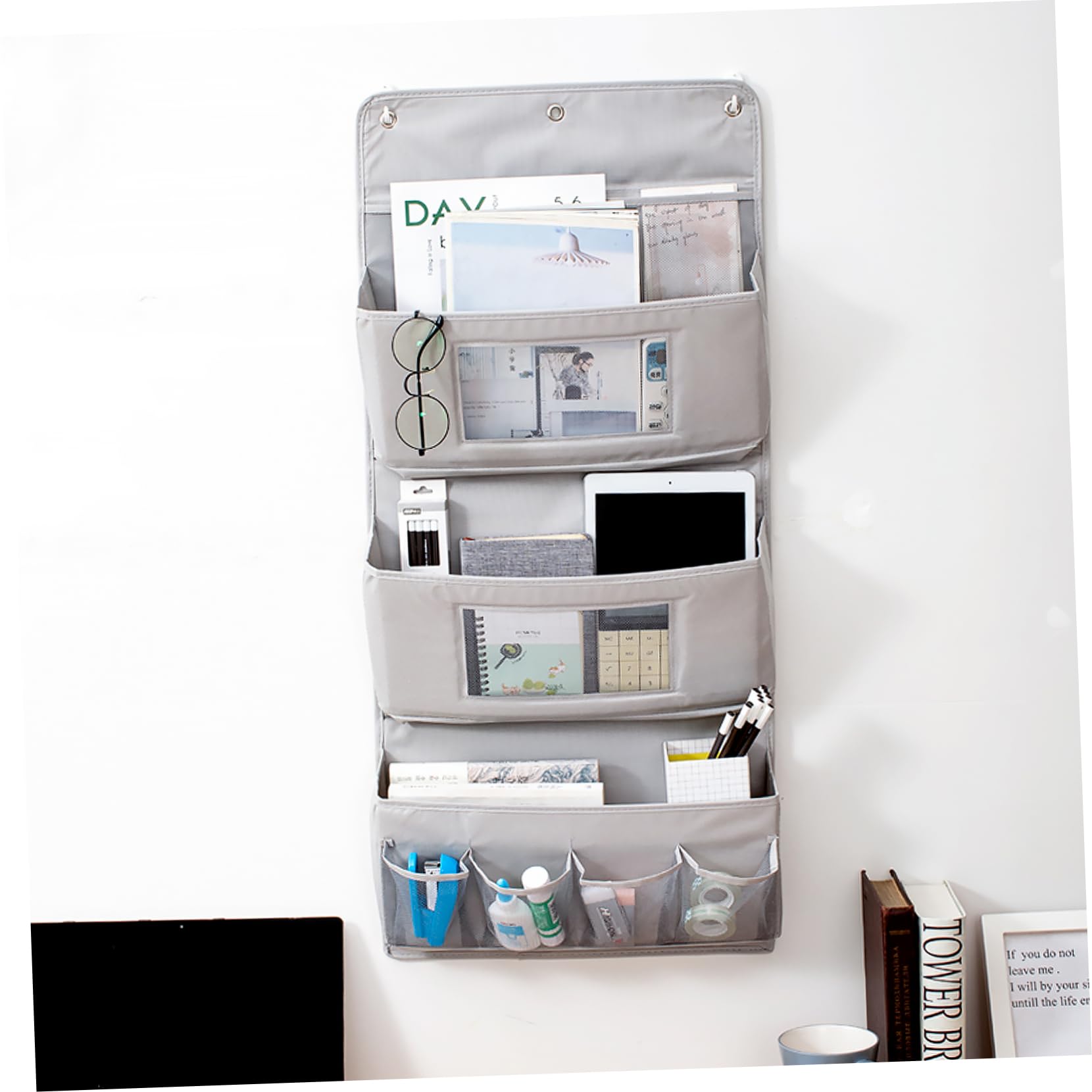 Mobestech Bolsa de Almacenamiento para Colgar en Pared, 3 Capas, Tela Gris, Organizador Colgante para Armario, Hogar y Dormitorio, Solución Funcional para Armarios y Puertas