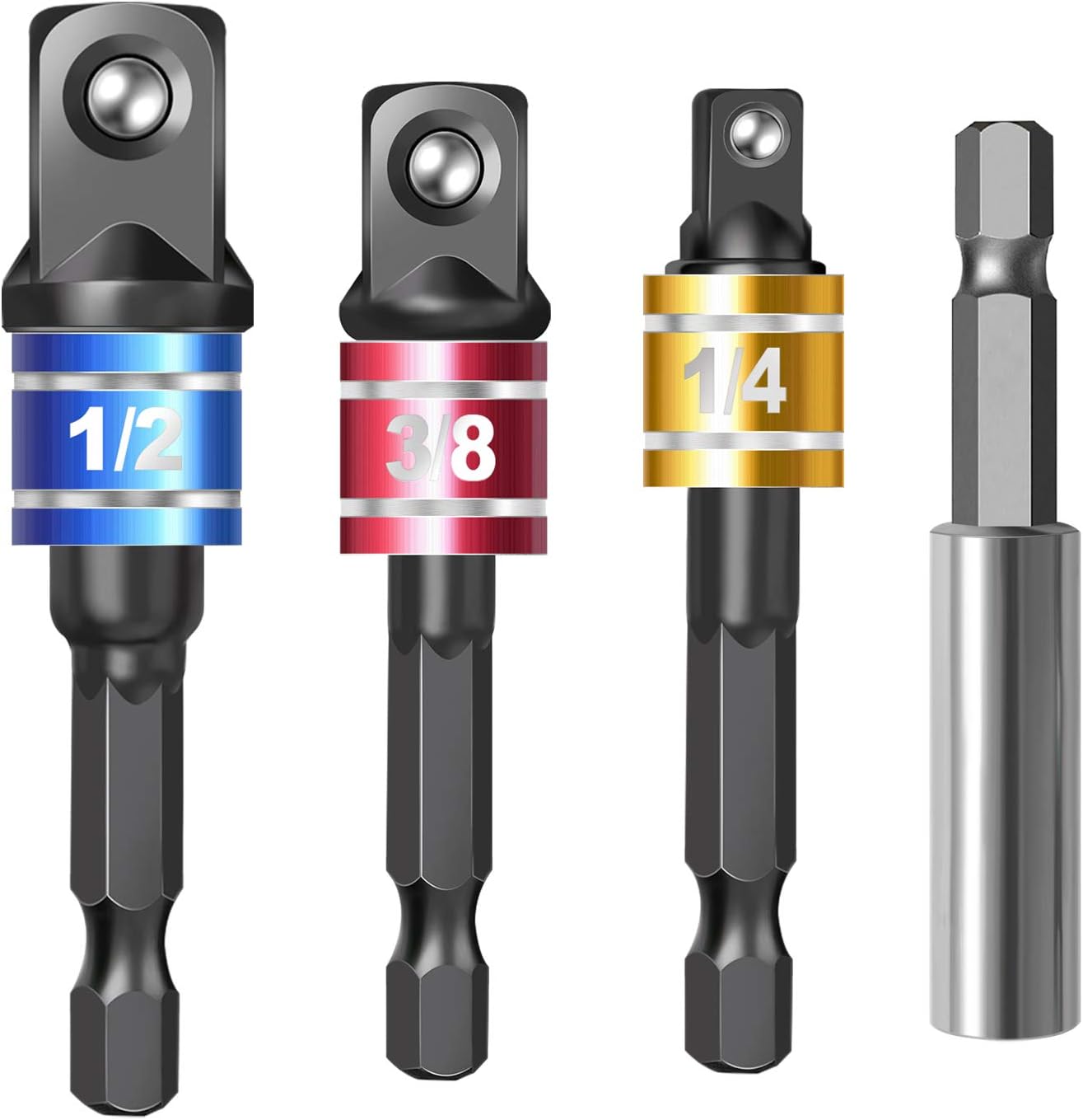 Impact Driver Socket Adapter Set with Magnetic Extension Bit Holder for 1/4 inch Hex Shank to Square Socket Turn Power Drill Into Nut Driver 4 Pieces