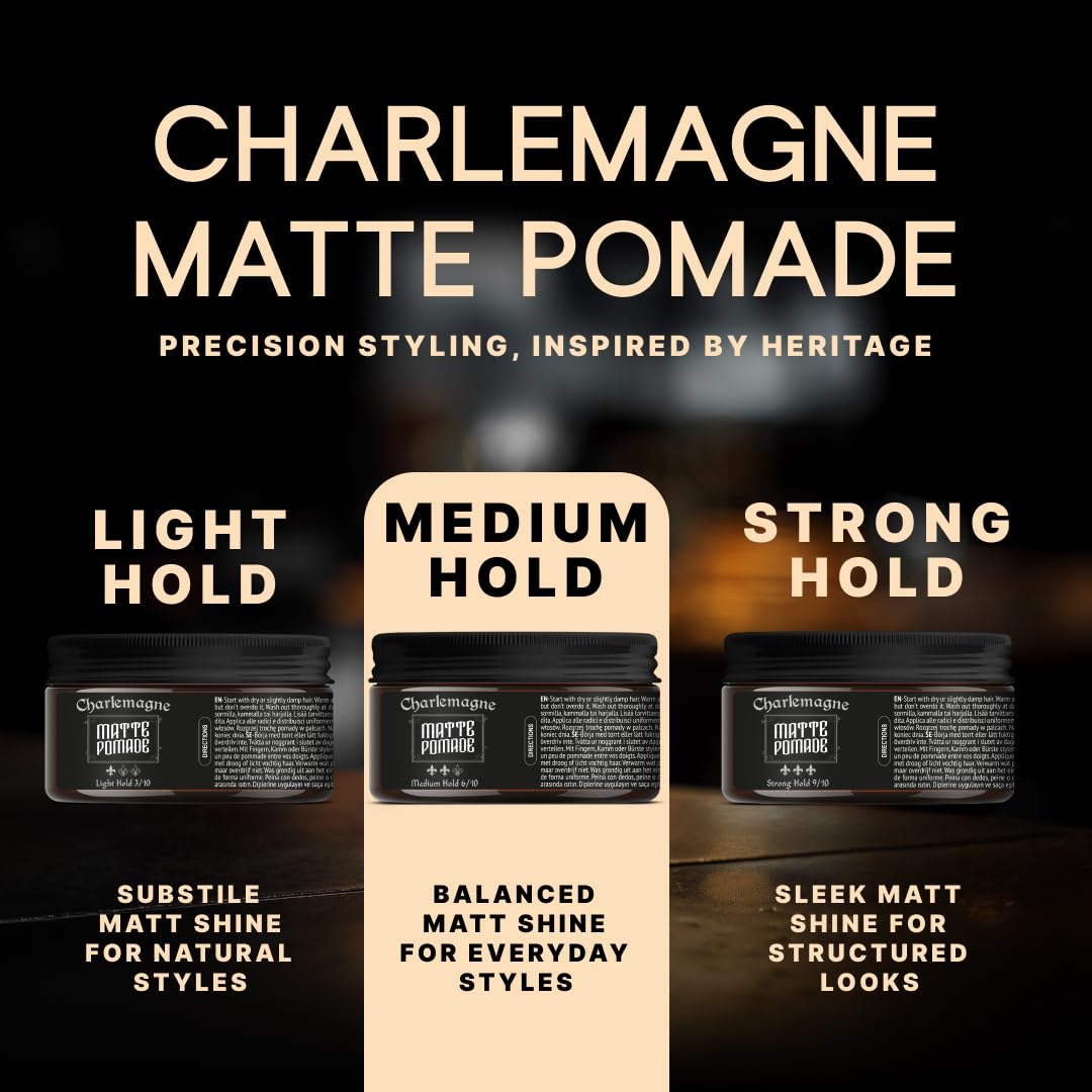 Charlemagne Matte Haarpomade für Männer – 100 ml, Mittlerem Halt Lederduft – Wasserbasierte matte Pomade Styling-Haarcreme für Männer – Von Barbieren entwickelt, Made in Germany (1er Pack)