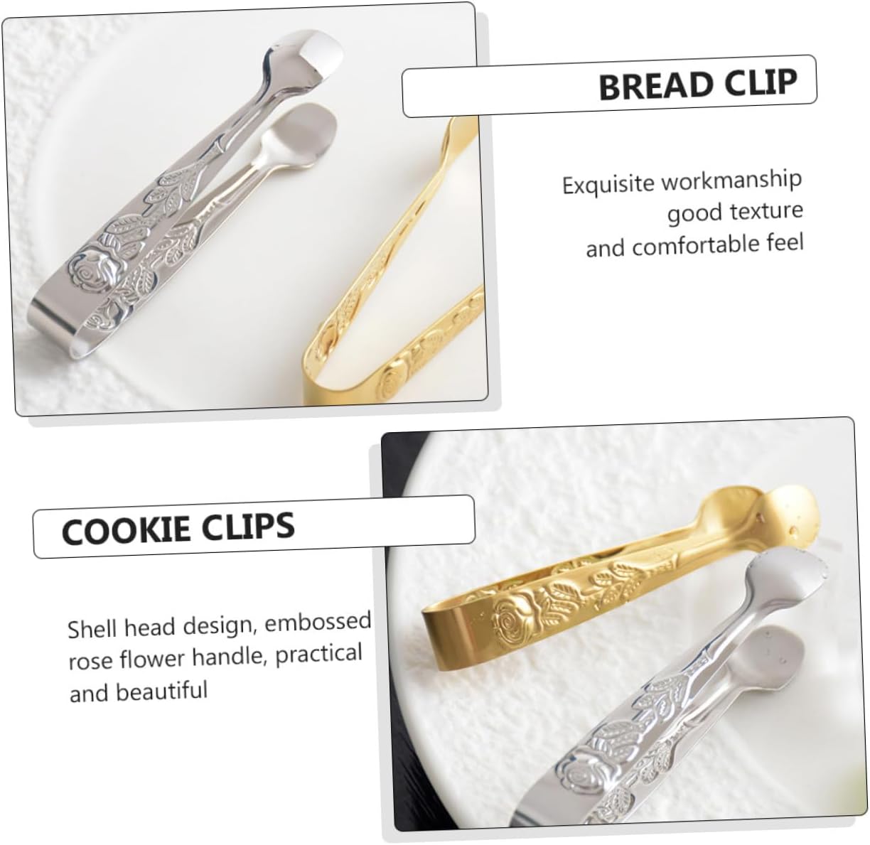 Rose Handle, Stainless Steel Ice Tongs Golden Food Clips 2Pcs for Home