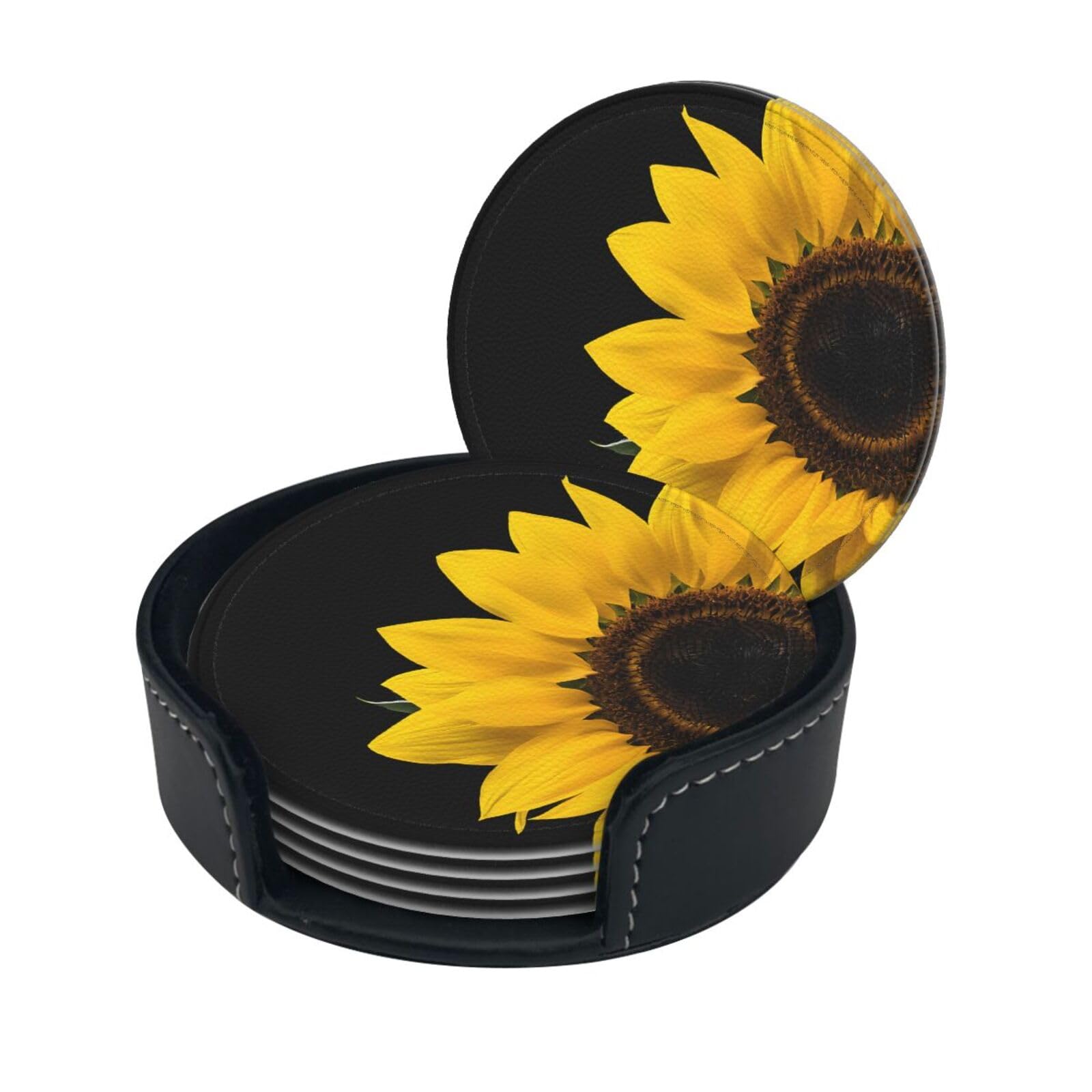Wild Sunflower Print Coaster,Round Leather Coasters with Storage Box for Wine Mugs,Cold Drinks and Cups Tabletop Protection (6 Piece)