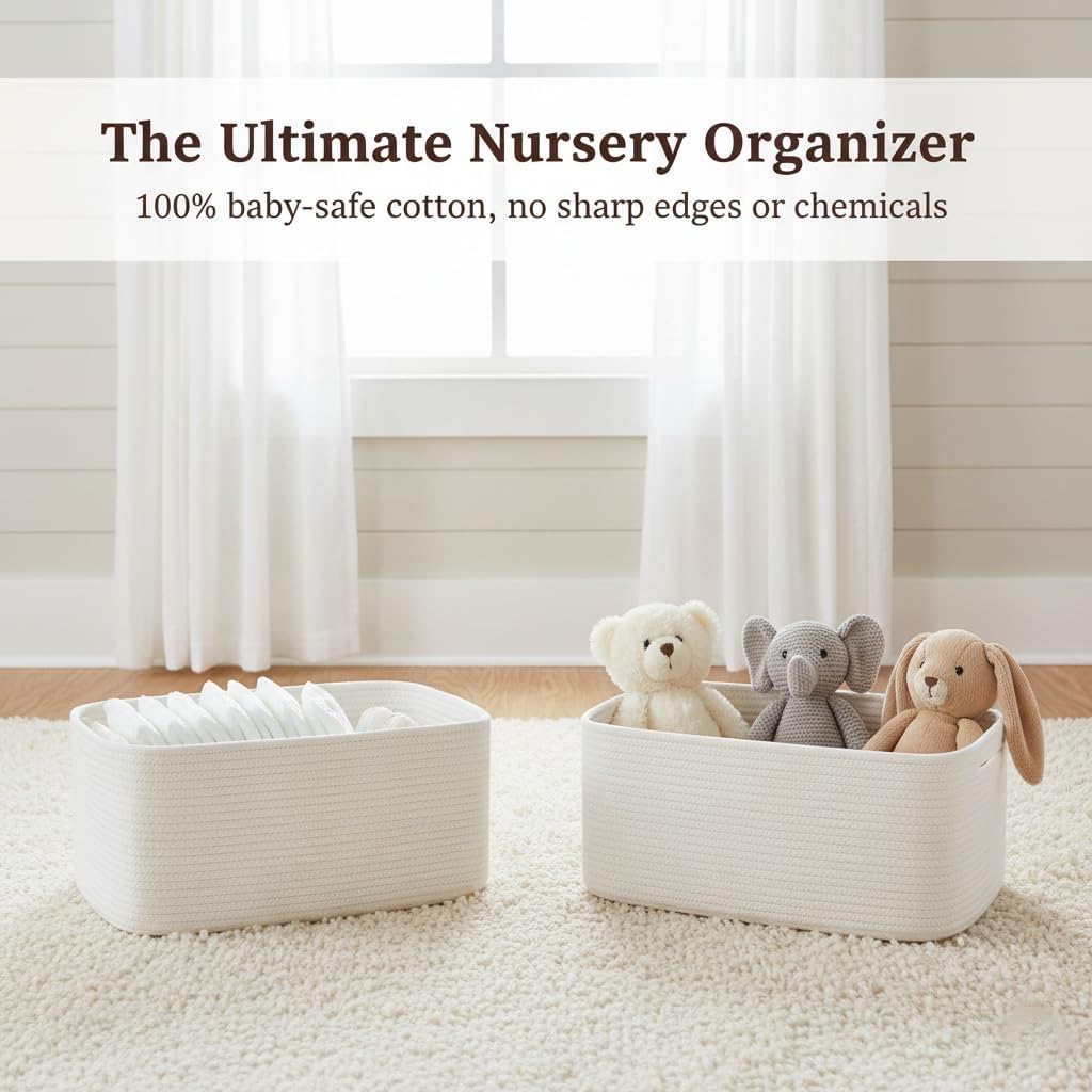 Storage Basket for Organizing, 16.8 x 13 x 7.5’’ Woven Baskets for Shelves, Laundry, Closet, Kitchen, Bathroom, Blanket & Clothes, Cotton Rope Toy Basket Bins with Hidden Handle, White