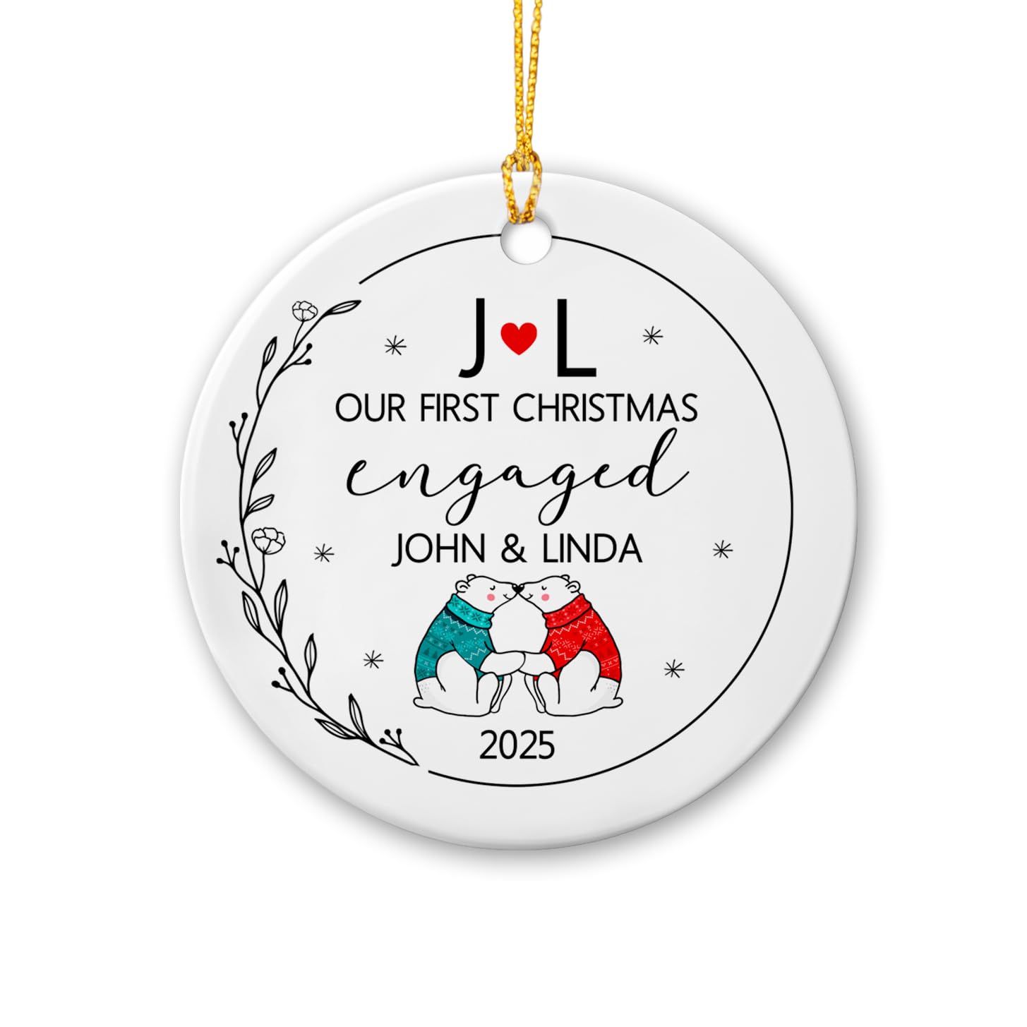 Polar Bear Couple Our First Christmas Engaged Ornament, Personalized Our First Christmas Engaged Ceramic Ornament, Custom Date & Names Couple Polar Bear Newly Engagement Ornament Gift for Xmas 2025