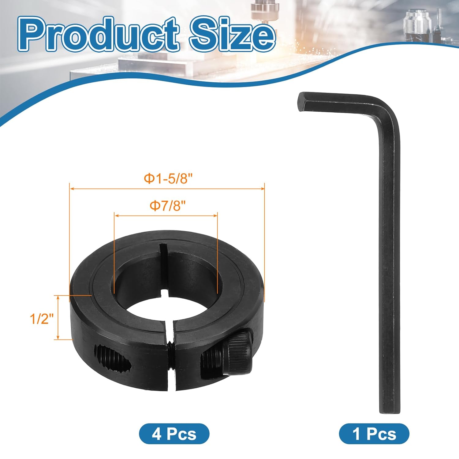 MECCANIXITY 4Pcs 7/8" Bore Clamp-on Shaft Collar, Black Carbon Steel Locking Collar 1-5/8" OD 1/2" Thick with 3/16"(4.76mm) Flat Hex Wrench for Timing Pulley, Machine Tool, Industry