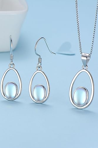 Miniatura 4 de Juego de joyas de piedra lunar de ópalo, collar y aretes de plata de ley 925 para mujer, piedra lunar de ópalo, regalos para orejas sensibles para