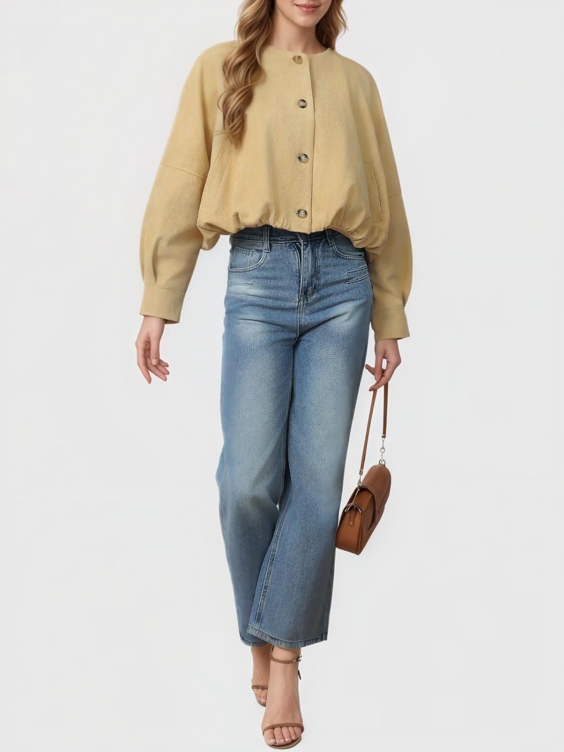 SCOFEEL Women’s Cropped Faux Suede Jacket Casual Collarless Short Bomber Jackets Button Up Fall Spring Open Front Coat - Image 4