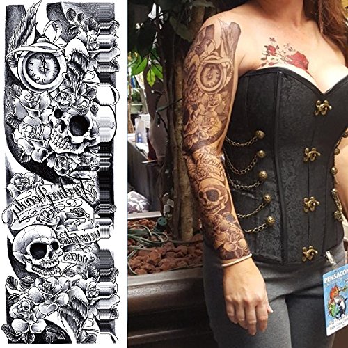 Kotbs 4 Sheets Large Waterproof Full Arm Tattoo Sticker Skull Rose Fake Tattoos Sleeve Temporary Tattoo Body Art for Men Women