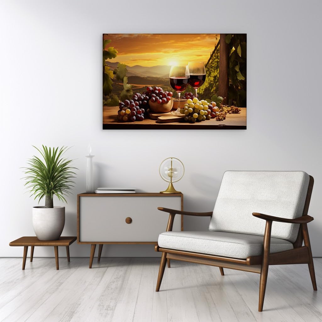 Canvas for Living room. Sipping Serenity: Vineyard Bliss at Dusk, 27 x 18 inch Canvas Wall Art - Modern Home Decor
