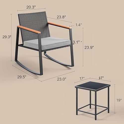 Miniatura 4 de Gizoon 3 Pieces Rocking Patio Bistro Set with Anti-Scald Armrest, Outdoor Patio Wicker Furniture Set with Glass Table and Cushion for Garden, Yard