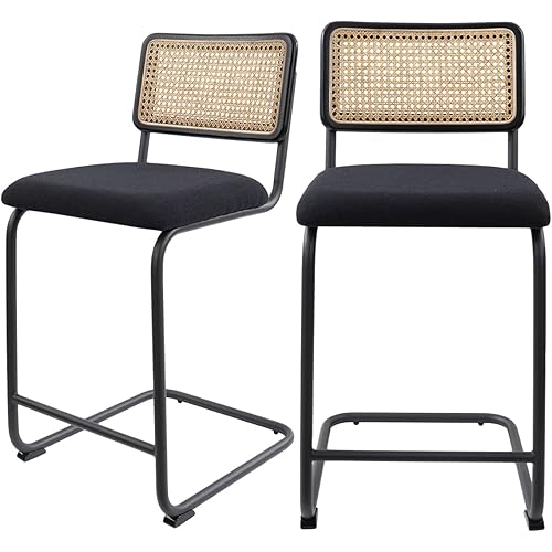 Modern Counter Height Bar Stools Set of 2 with Natural Rattan Cane and Solid Wood Backs, Boucle Fabric Upholstery with Metal Chrome Legs Mid Century Bar Chairs (Black, 24" Counter Height Stools)