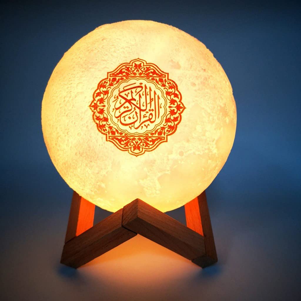 Veilleuse de Lune d'impression 3D avec Support, Contrôle à Distance et Tactile, Rechargeable par USB, Haut-Parleur sans Fil du Coran, Multi Langue