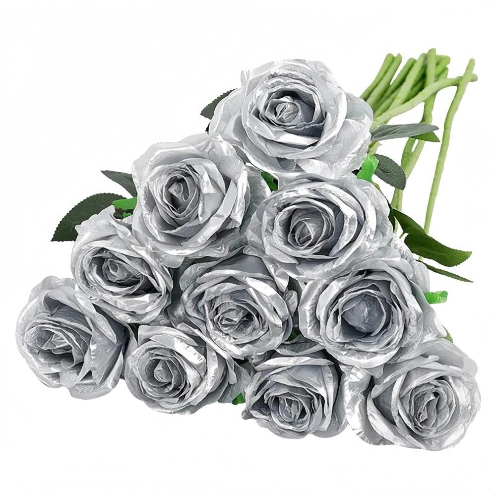 10 Pcs Artificial Roses, Silver Fake Roses Artificial Flowers, with Stems Fake Artificial Silver Roses Silk Flowers, for Home Garden Party Hotel Office Decor โ image 1