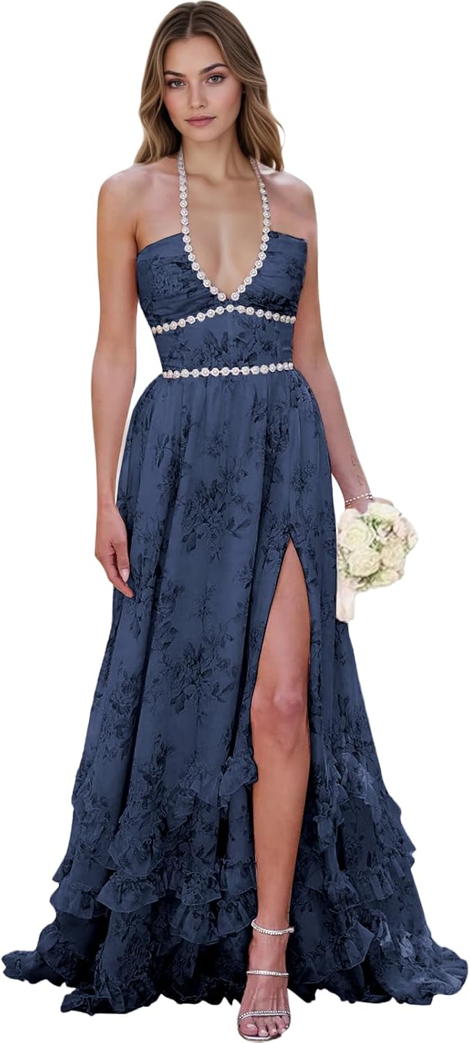 Floral Bridesmaid Dresses for Women Long Ruffle Tiered Prom Dress with Slit V Neck Formal Evening Gown