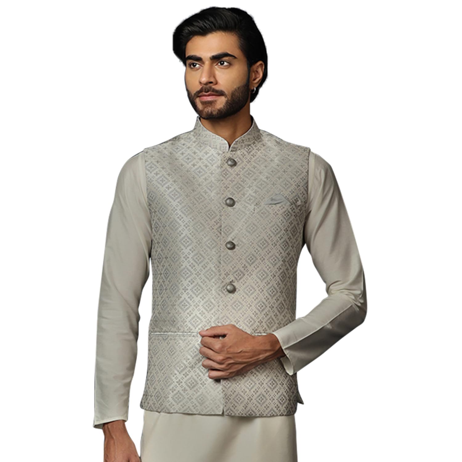 kisah Men's Nehru Jacket Ethnic Festive Traditional Grey Waistcoat Cotton, Regular Fit-picture-13