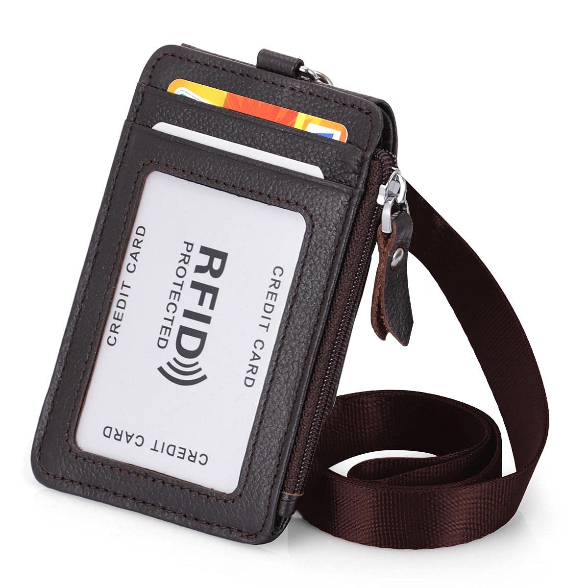 HAWEEHAWEE Badge Holder with Zipper Genuine Leather RFID Keychain Wallet Neck Lanyards with Swivel Hook for Card/Coin/Cash, Coffee