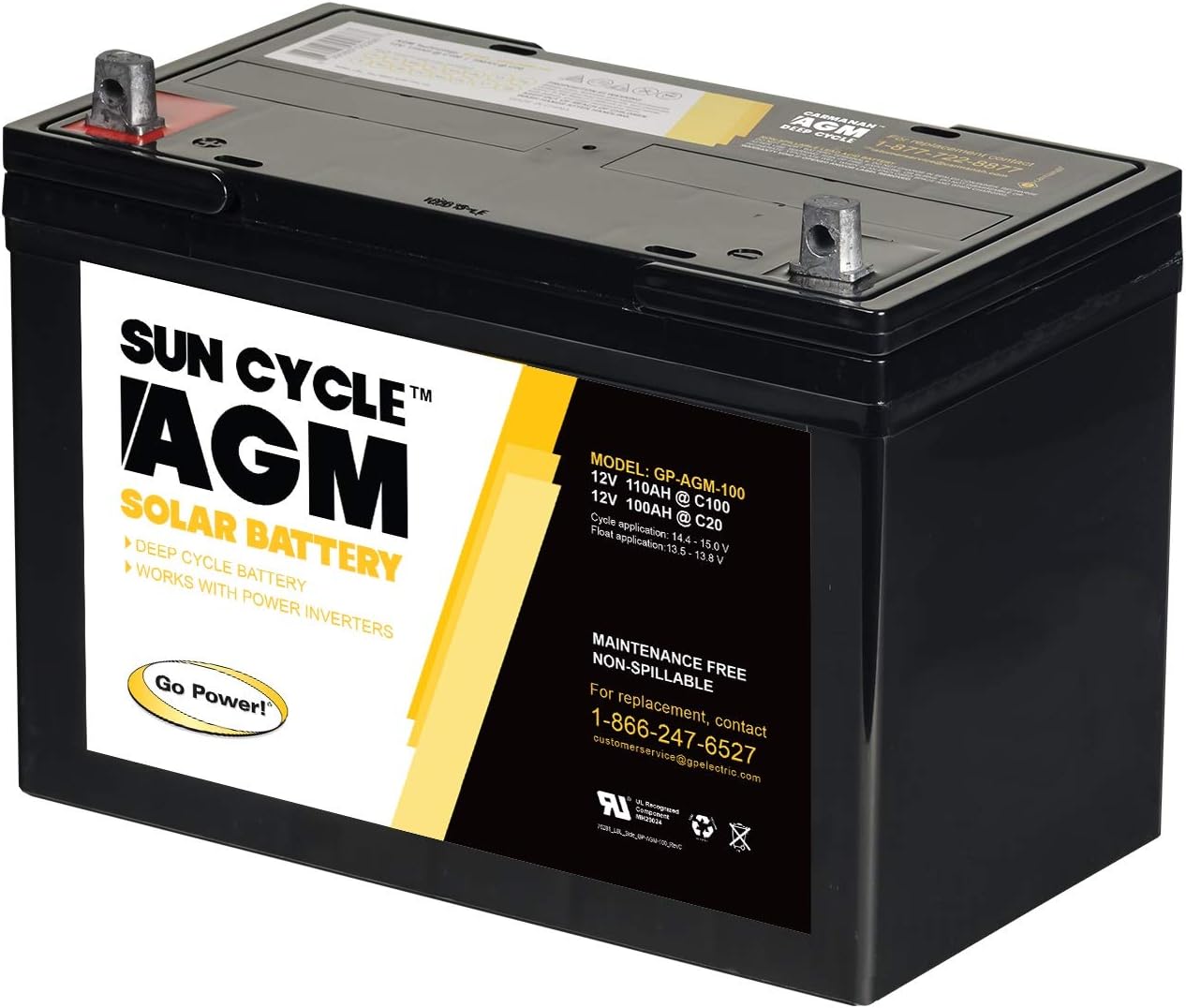 Go Power GP-AGM-100-12 SunCycle Rechargeable Replacement Solar Battery - Deep Cycle 12V AGM Battery, No Maintenance, Sealed & Spill-Proof for PV Solar, Inverter, Camper, Boat, Marine & Off-Grid Use