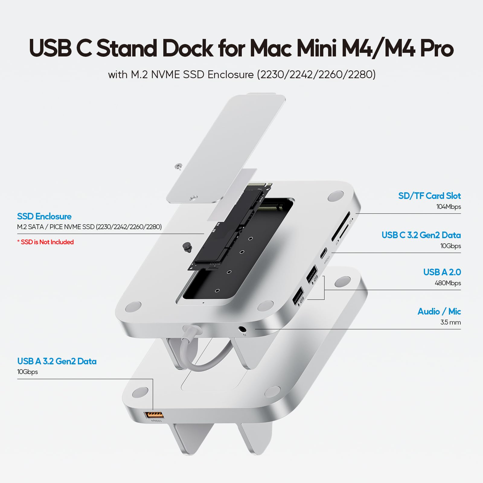 Mac Mini M4 Dock 8 en 1 avec boîtier SSD M.2 de 4TB pour Mac Mini M4/M4 Pro | PULWTOP Hub USB-C pour Mac Mini M4 et M4 Pro 2024, Station d'accueil avec USB A/C 10 Gbit/S, USB A 2.0, Audio, SD/TF